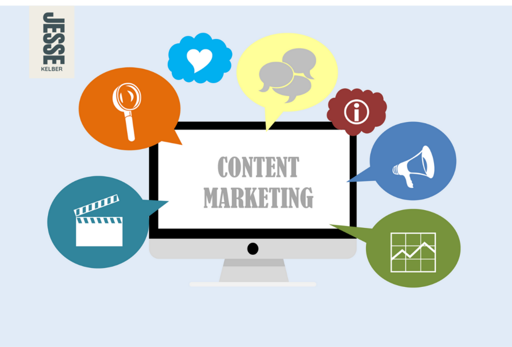 Content is still king in 2025, though it might have to share the throne with context for a while. Image shows the words "content marketing" on a computer screen, surrounded by dialog bubbles containing images representing different types of content.